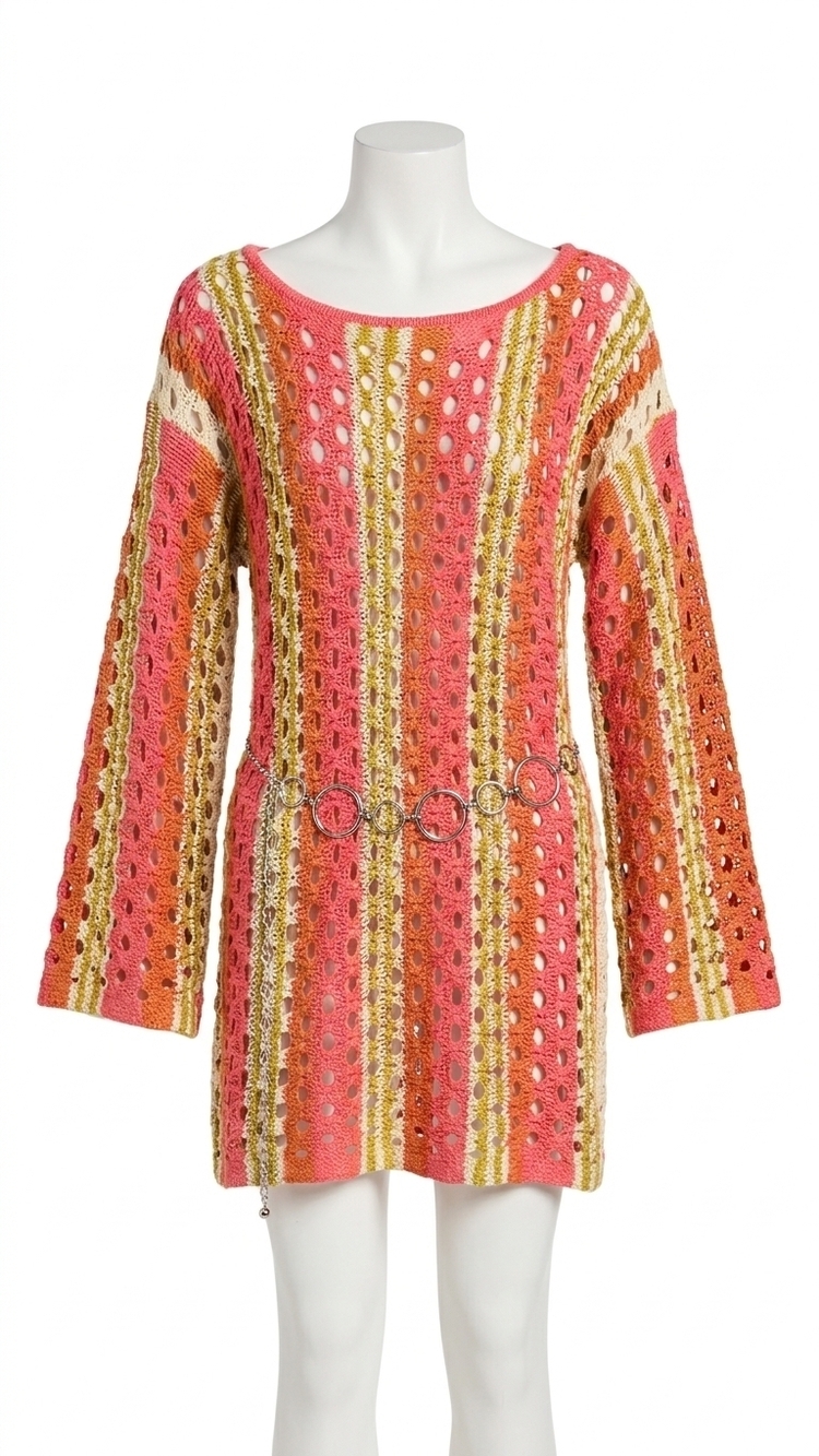 NEW OLIVACEOUS phoenix long sleeve crochet cover up in pink/rust/ecru
